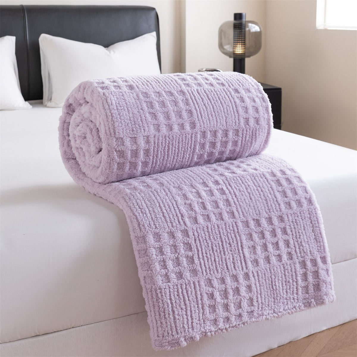Purple 100*150cm Thickened Double-Sided Plush Waffle Weave Throw Blanket - Anti-Static Taffeta Velvet & Flannel Fleece - Warm, Soft, Non-Shedding Blanket for Winter, Sofa, Bed & Office