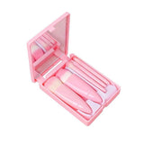 Pink 5-Piece Compact Makeup Brush Set with Mirror - Synthetic Fibre Travel Case with Foundation, Powder & Blush Brushes - Portable Beauty Tool Kit for On-the-Go Touch-Ups