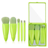Green 5-Piece Compact Makeup Brush Set with Mirror - Synthetic Fibre Travel Case with Foundation, Powder & Blush Brushes - Portable Beauty Tool Kit for On-the-Go Touch-Ups