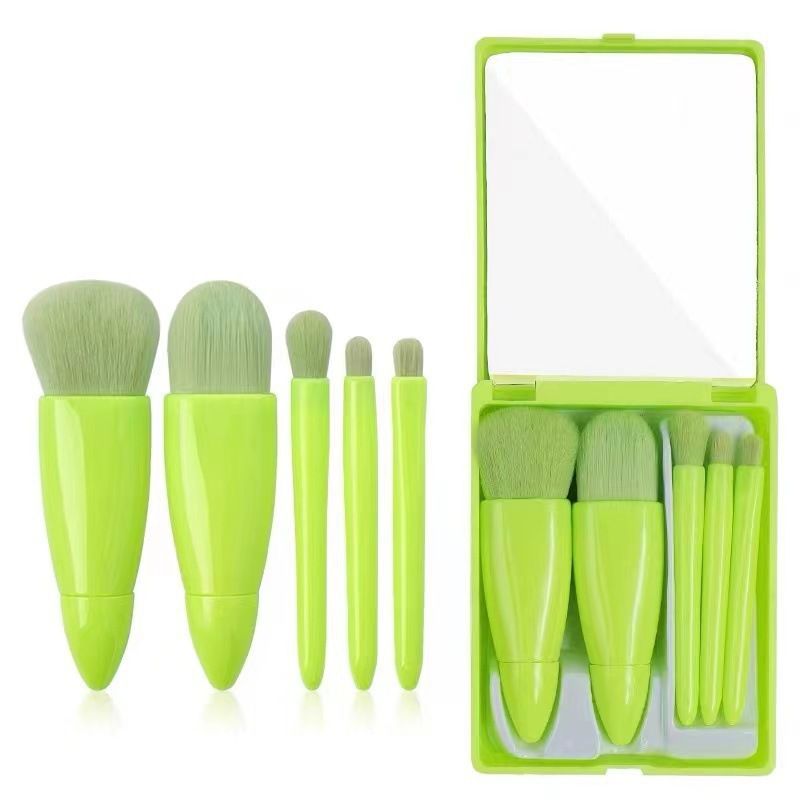 Green 5-Piece Compact Makeup Brush Set with Mirror - Synthetic Fibre Travel Case with Foundation, Powder & Blush Brushes - Portable Beauty Tool Kit for On-the-Go Touch-Ups