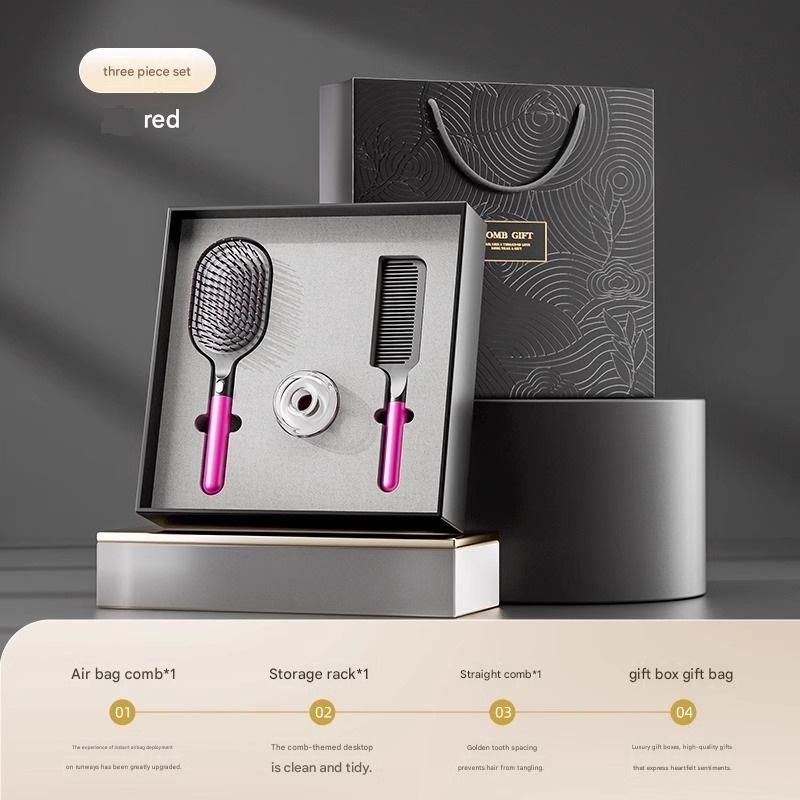 Pink 3-Piece Gift Box Set Premium ABS Hair Care Gift Set with Cushion Paddle Brush, Detangling Comb, Cleaning Brush & Stand - Elegant Mother’s Day or Couple’s Gift for Daily Styling and Scalp Comfort