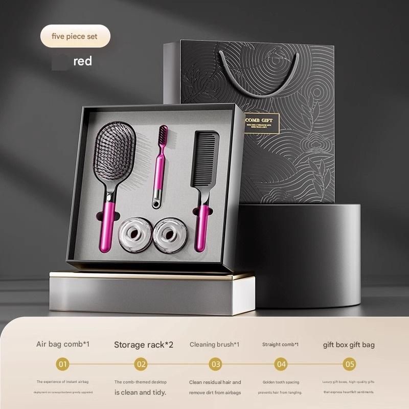 Pink 5-Piece Gift Box Set Premium ABS Hair Care Gift Set with Cushion Paddle Brush, Detangling Comb, Cleaning Brush & Stand - Elegant Mother’s Day or Couple’s Gift for Daily Styling and Scalp Comfort