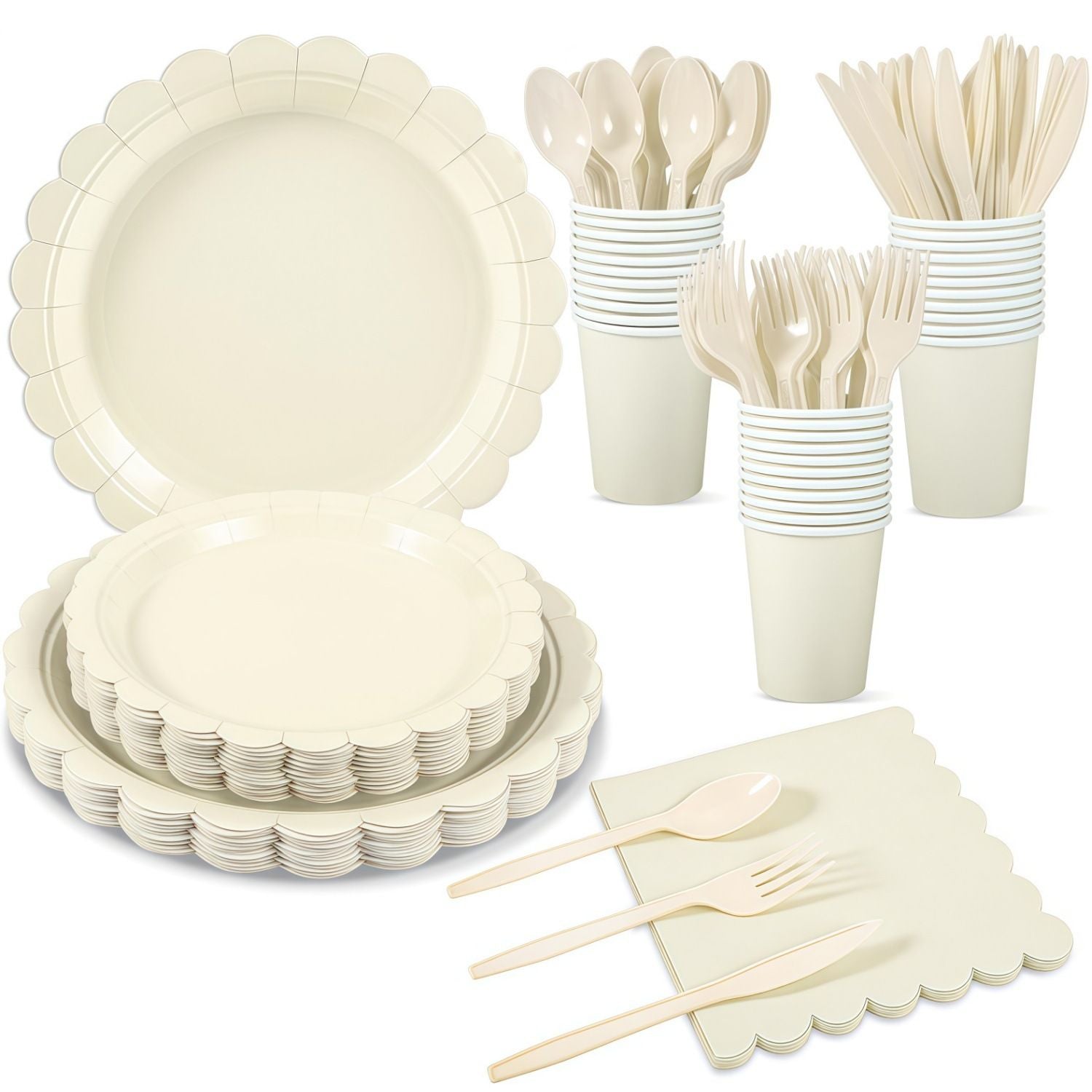 7-piece 25-Serving Off-White Scallop Edge Disposable Cutlery Set – Premium paper plates, cups, cutlery, and napkins, made of food-grade, waterproof material. Ideal for weddings, birthday parties, and afternoon tea gatherings.