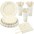7-piece 25-Serving Off-White Scallop Edge Disposable Cutlery Set – Premium paper plates, cups, cutlery, and napkins, made of food-grade, waterproof material. Ideal for weddings, birthday parties, and afternoon tea gatherings.