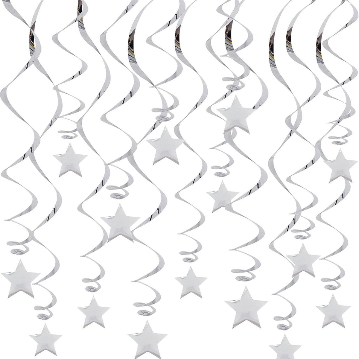 30-Piece Set for Silvery Star Spiral Hanging Decorations - Kids Birthday, Wedding, Graduation, and Party Ceiling Decoration - Festive Swirl Streamers, Easy Hang Party Supplies