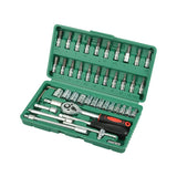 46-Piece Automotive Repair Tool Set - Carbon Steel Ratchet Wrench Socket Kit - 1/4 Inch Drive with Extension Bars, Universal Joint, and Multi-Bit Screwdriver Heads - Compact Storage Case for Car Maintenance, Machinery Repair, and DIY Projects