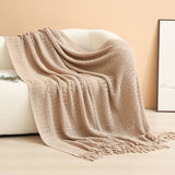 Khaki Elegant Openwork Knitted Throw Blanket with Tassels - 130x230cm Large Decorative Soft Sofa Blanket for Living Room & Bedroom - Breathable Cozy Cover for Travel & Office Nap