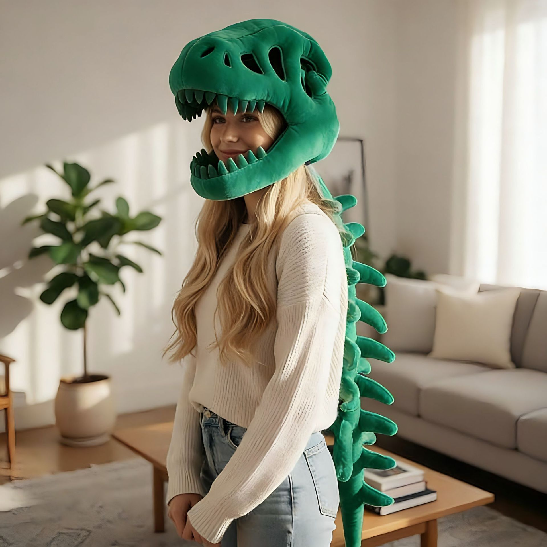 120CM Green Funny Dinosaur Skeleton Plush Headwear – Quirky Bone Fossil Plushie Hat & Huggable Doll for Party Costumes and Birthday Gifts