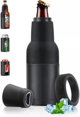 3-in-1 Beer Bottle Insulated Tumbler and Can Cooler with Bottle Opener – Double Wall Stainless Steel Soda Can Insulator & Holder for Car Outdoor Beverage Storage, 12oz Black