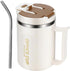 White and Brown 16oz Stainless Steel Office Mug with Phone Stand Lid, Straw and Spoon - 500ML Double Wall Insulated Coffee Cup, Wide Handle and 3 Drinking Ways