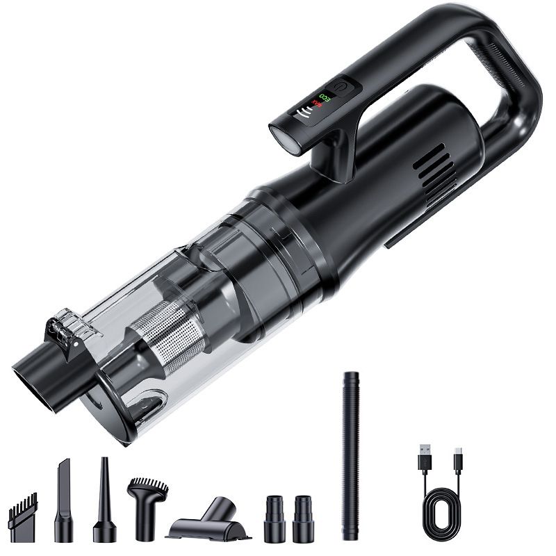 Black Cordless Handheld Vacuum Cleaner with 5 Brush Attachments & LED Light for Home Car - 18KPA Strong Suction, Portable Typec Charging, Battery Digital Display, One Touch Emptying Dust Cup and Cyclone Dust Separation