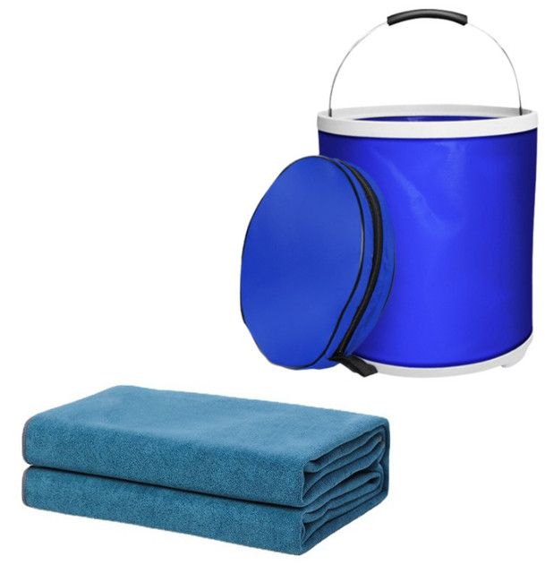 Blue Microfiber Car Cleaning Towel (60 x 180 CM) and 20L Foldable Self Standing Water Bucket (Include Zipper Bag) Combo Set - Super Absorbent and Scratch Free for Car Detailing Drying and Home Cleaning