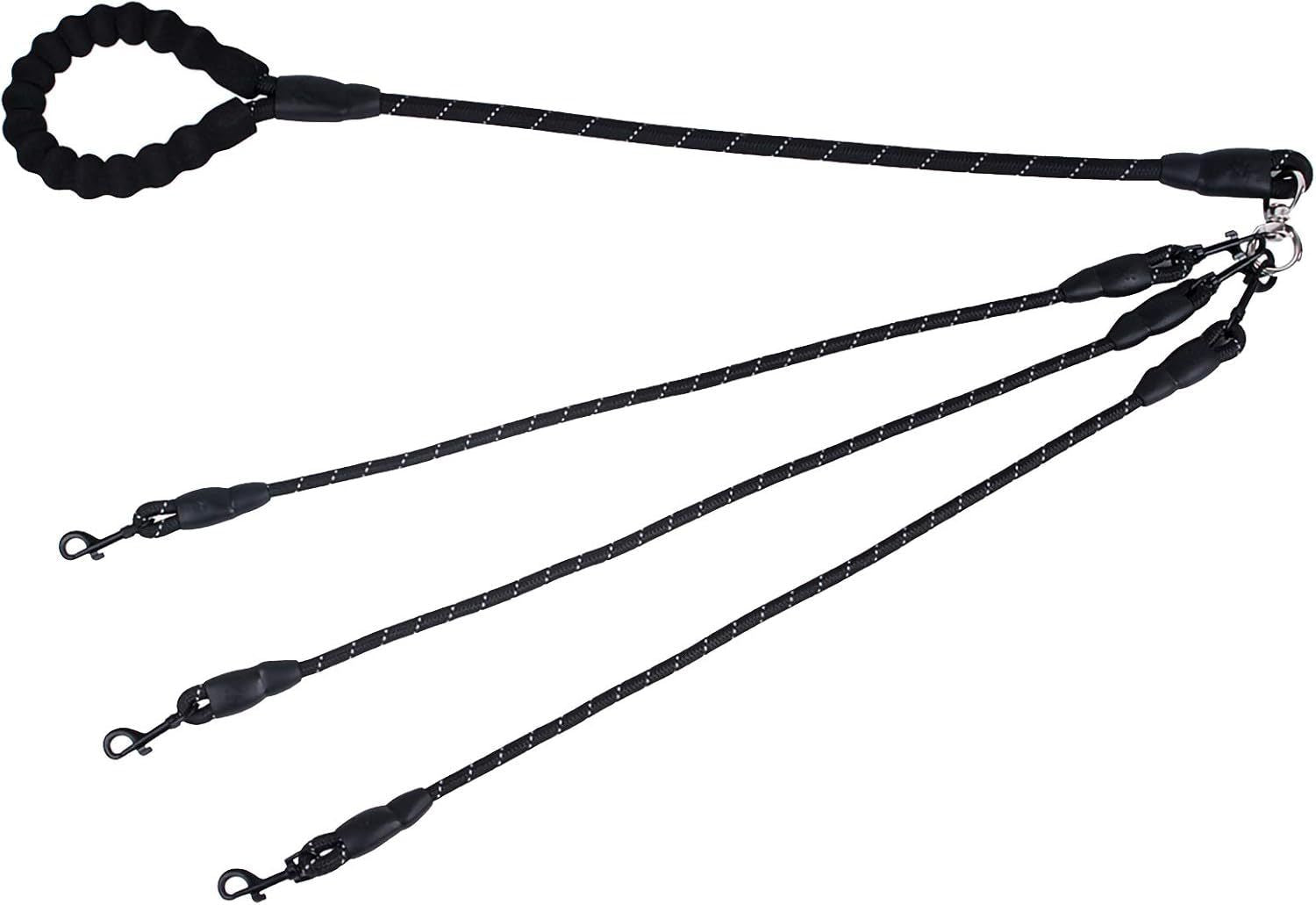 Black 3-in-1 No-Tangle Dog Leash for 1-3 Small Large Dogs – Heavy Duty 360° Swivel Bungee Coupler with Reflective Nylon Braid & Padded Handle