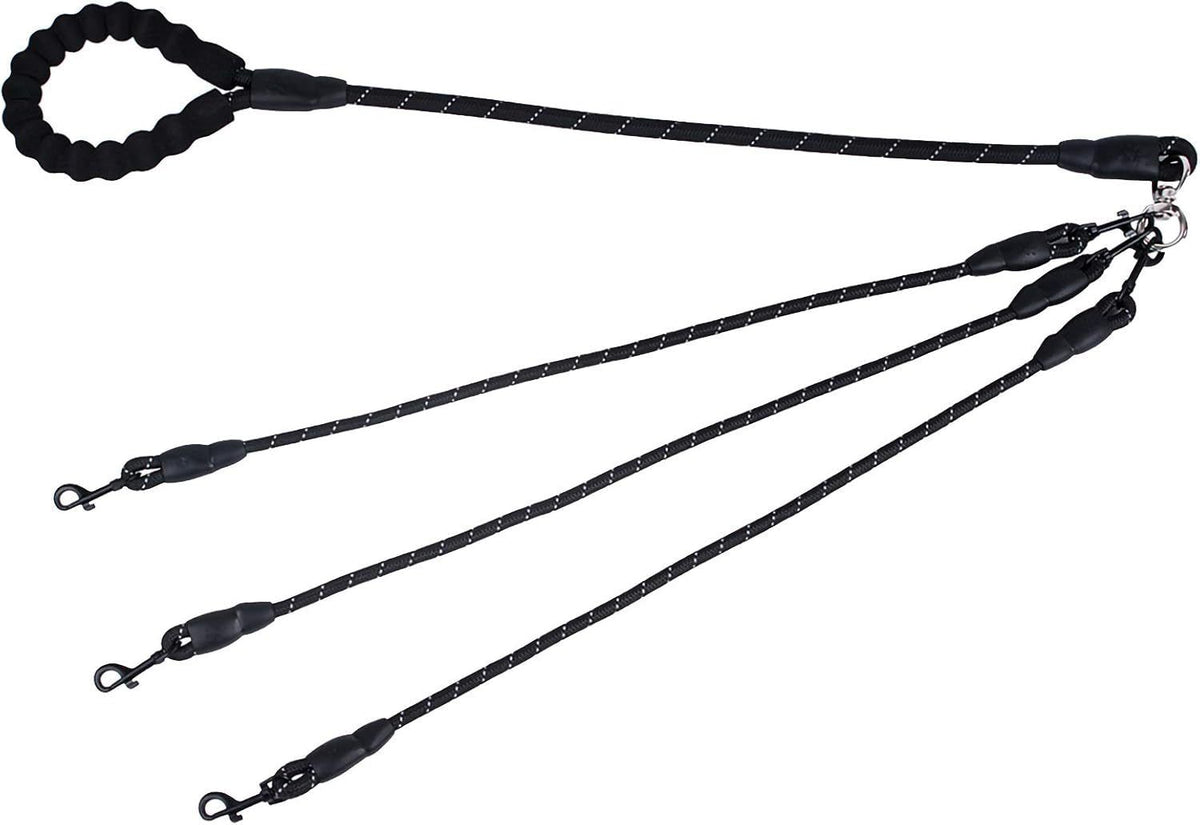 Black 3-in-1 No-Tangle Dog Leash for 1-3 Small Large Dogs – Heavy Duty 360° Swivel Bungee Coupler with Reflective Nylon Braid & Padded Handle