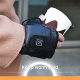 Fingerless heated gloves made of black PU leather with exposed fingertips.