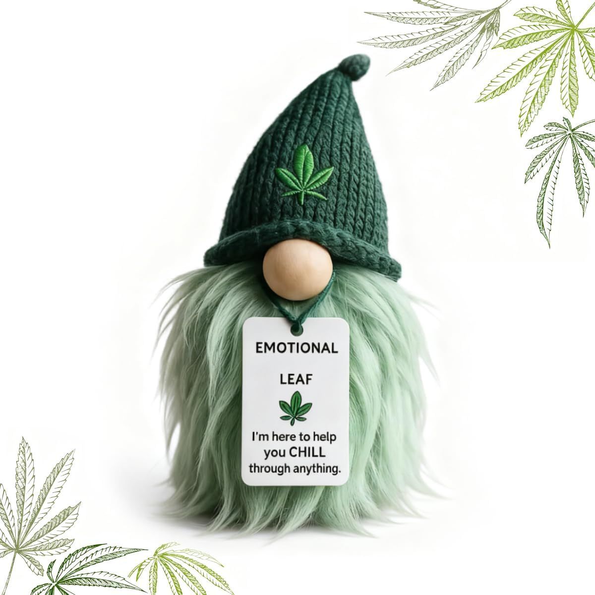 Emotional Support Weed Gnome Crocheted Doll – Handmade Knitted Plush Table Desktop Figurine with Beanie & Motivational Tag, Novelty Birthday Party Gift