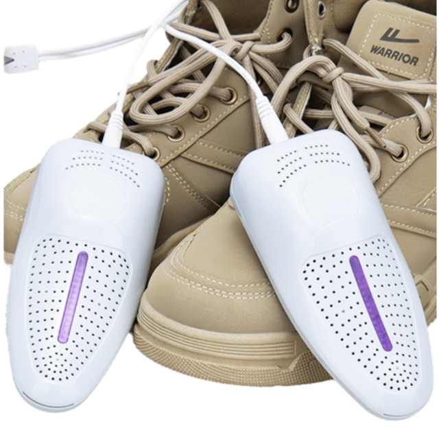 Light grey portable USB shoe dryer with violet light.