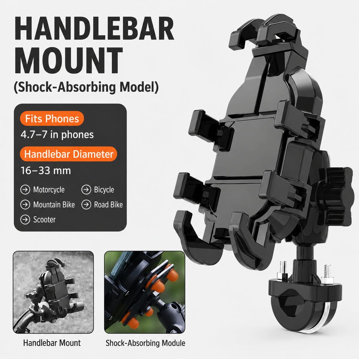 Black Secure Grip Anti-Shock Bike Phone Mount - 360° Rotating Adjustment, 8-Claw Locking Universal Handlebar Navigation Holder for Motorcycle MTB & Road Cycling (Fits 4.7–7" Phones)
