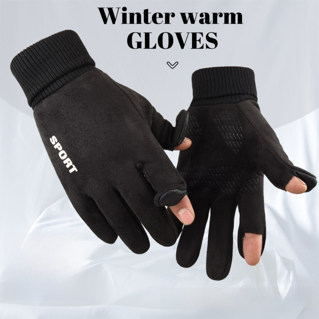 Khaki Winter Suede Touchscreen Flip-Top Gloves with Extended Cuff Design and Silicone Anti-Slip Palm – Windproof Thickened Thermal Riding Gloves for Motorcycle Driving and MTB Road Cycling