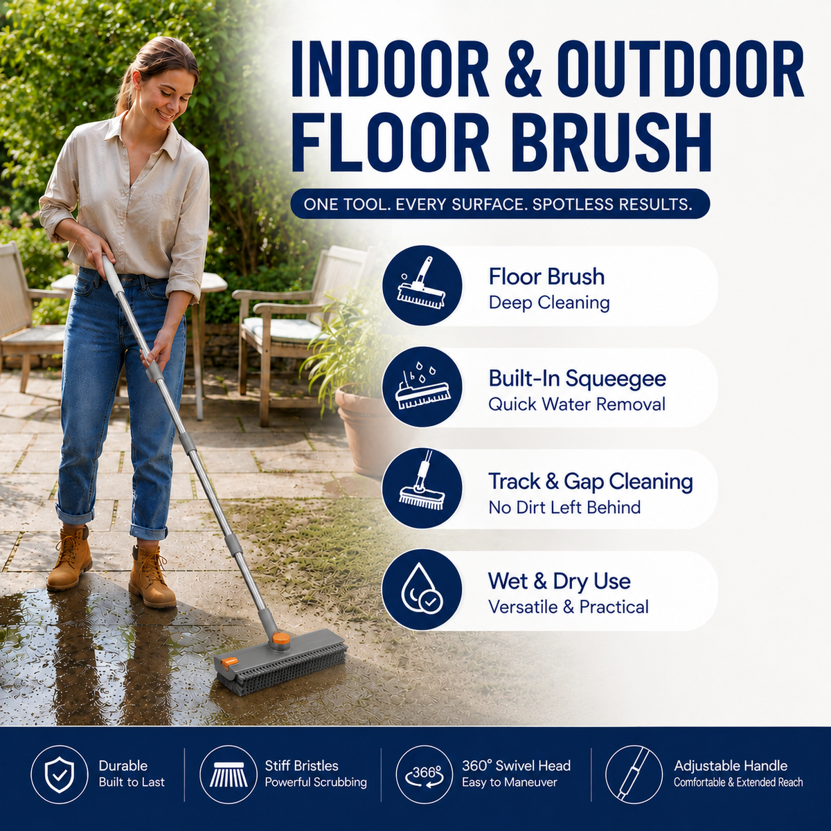 Grey and White 360°Rotating Detachable V-Shaped Floor Scrub Brush for Indoor & Outdoor Use – 3-in-1 Groove Corner Gap Cleaning Tool with Silicone Squeegee, 134CM Stainless Steel Telescopic Handle and Collection Clip