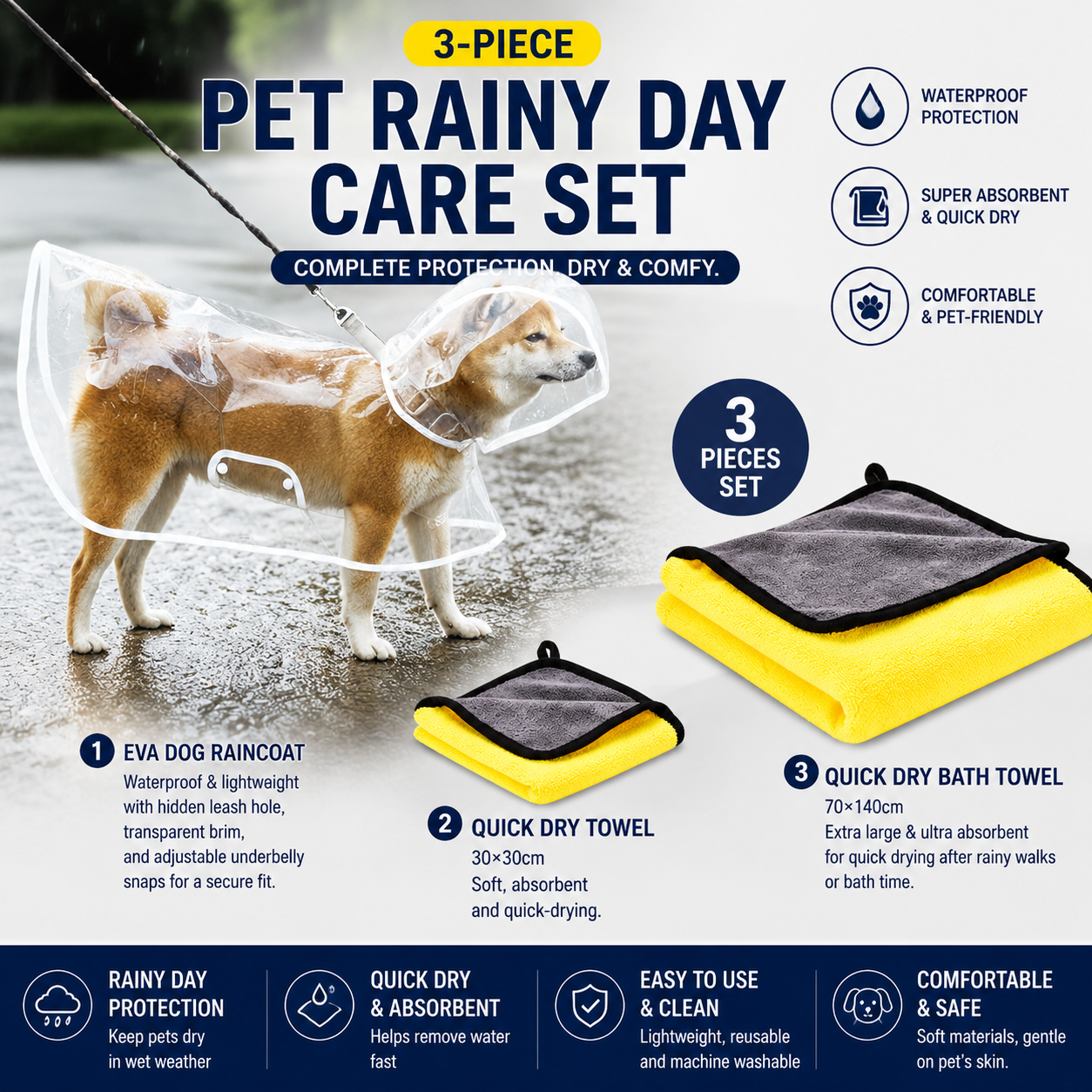3 Piece Rainy Day Pet Care Set - XL Size Waterproof Dog Hooded EVA Transparent Raincoat with Full-Coverage Poncho Design Adjustable Snaps and Leash Access, Free High Absorbency Quick Dry 30 × 30cm Towel and 140 × 70cm Large Bath Towel for Small Medium Lar