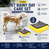 3 Piece Rainy Day Pet Care Set - 6XL Size Waterproof Dog Hooded EVA Transparent Raincoat with Full-Coverage Poncho Design Adjustable Snaps and Leash Access, Free High Absorbency Quick Dry 30 × 30cm Towel and 140 × 70cm Large Bath Towel for Small Medium La