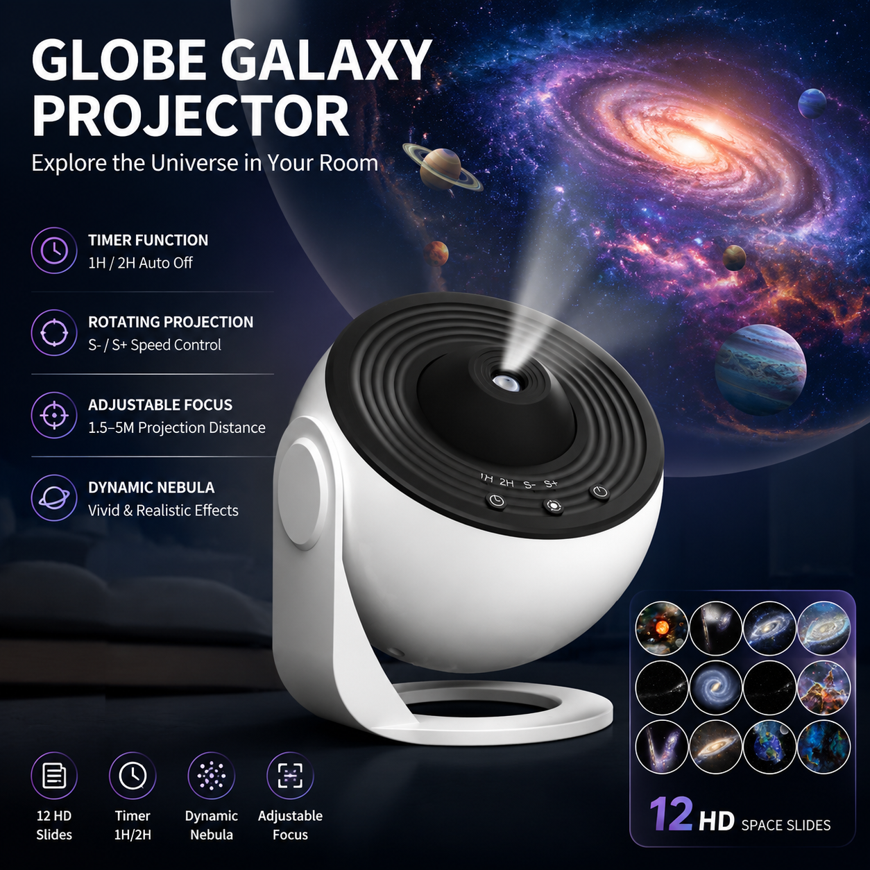 White and Black USB Powered Galaxy Star Projector and Earth Globe Night Light with 12 HD Space Films, 1H / 2H Timer, Nebula Dynamic Rotation Effect & Adjustable Focus for Bedroom Home Decor