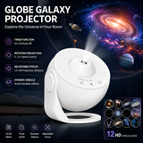 White USB Powered Galaxy Star Projector and Earth Globe Night Light with 12 HD Space Films, 1H / 2H Timer, Nebula Dynamic Rotation Effect & Adjustable Focus for Bedroom Home Decor