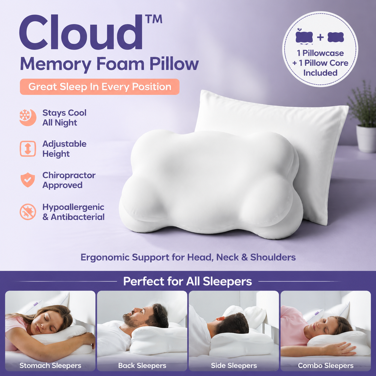 White Cloud Memory Foam Cervical Support Pillow Core and Cover (71 x 38 x 13CM) – Ergonomic Neck Orthopedic Contour Pillow for Side Back & Stomach Sleepers, Deep Sleeping and Pressure Relieving