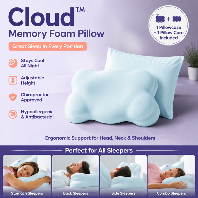 Light Blue Cloud Memory Foam Cervical Support Pillow Core and Cover (60 x 30 x 10CM) – Ergonomic Neck Orthopedic Contour Pillow for Side Back & Stomach Sleepers, Deep Sleeping and Pressure Relieving