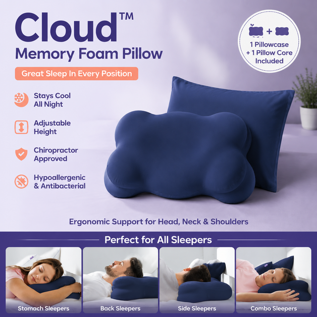 Navy Blue Cloud Memory Foam Cervical Support Pillow Core and Cover (71 x 38 x 13CM) – Ergonomic Neck Orthopedic Contour Pillow for Side Back & Stomach Sleepers, Deep Sleeping and Pressure Relieving