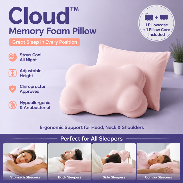 Pink Cloud Memory Foam Cervical Support Pillow Core and Cover (71 x 38 x 13CM) – Ergonomic Neck Orthopedic Contour Pillow for Side Back & Stomach Sleepers, Deep Sleeping and Pressure Relieving