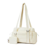 Beige Women’s Fluffy Nylon Gym Travel Tote Bag and Coin Purse Set - Side Drawstring Cup Holder, Front / Back Zipper Pockets and Wet & Dry Separation, Large Capacity and Lightweight 11.7 x 4.2 x 8"