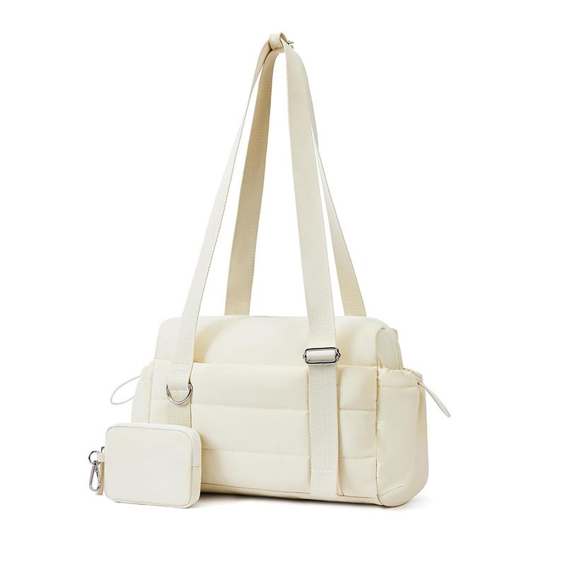 Beige Women’s Fluffy Nylon Gym Travel Tote Bag and Coin Purse Set - Side Drawstring Cup Holder, Front / Back Zipper Pockets and Wet & Dry Separation, Large Capacity and Lightweight 11.7 x 4.2 x 8"