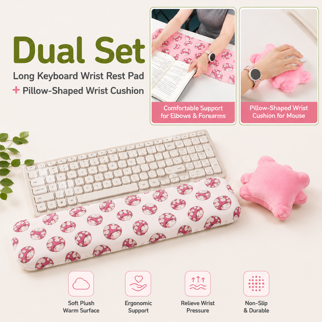 Pink Ergonomic Plush Wrist Rest 2PCS Set – 80×20cm Keyboard Wrist Pad + Pillow-Shaped Wrist Support Cushion with Strap (7.5×7cm) – Anti-Slip Memory Comfort Pad for Typing Gaming & Office Use