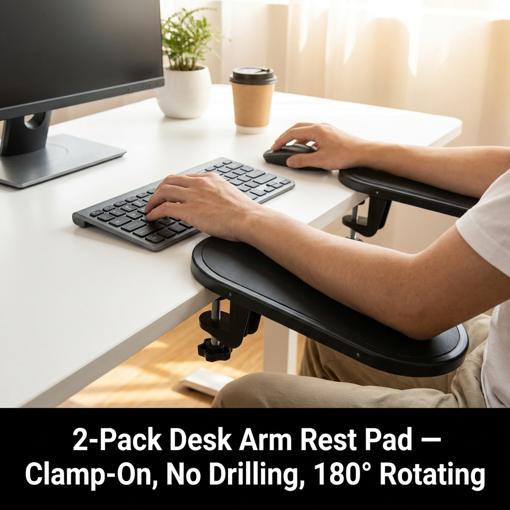 2 Pack Black 180° Rotating Ergonomic Arm Rest for Desk – Clamp On Computer Wrist & Elbow Support, No-Drill Installation (27×14cm)