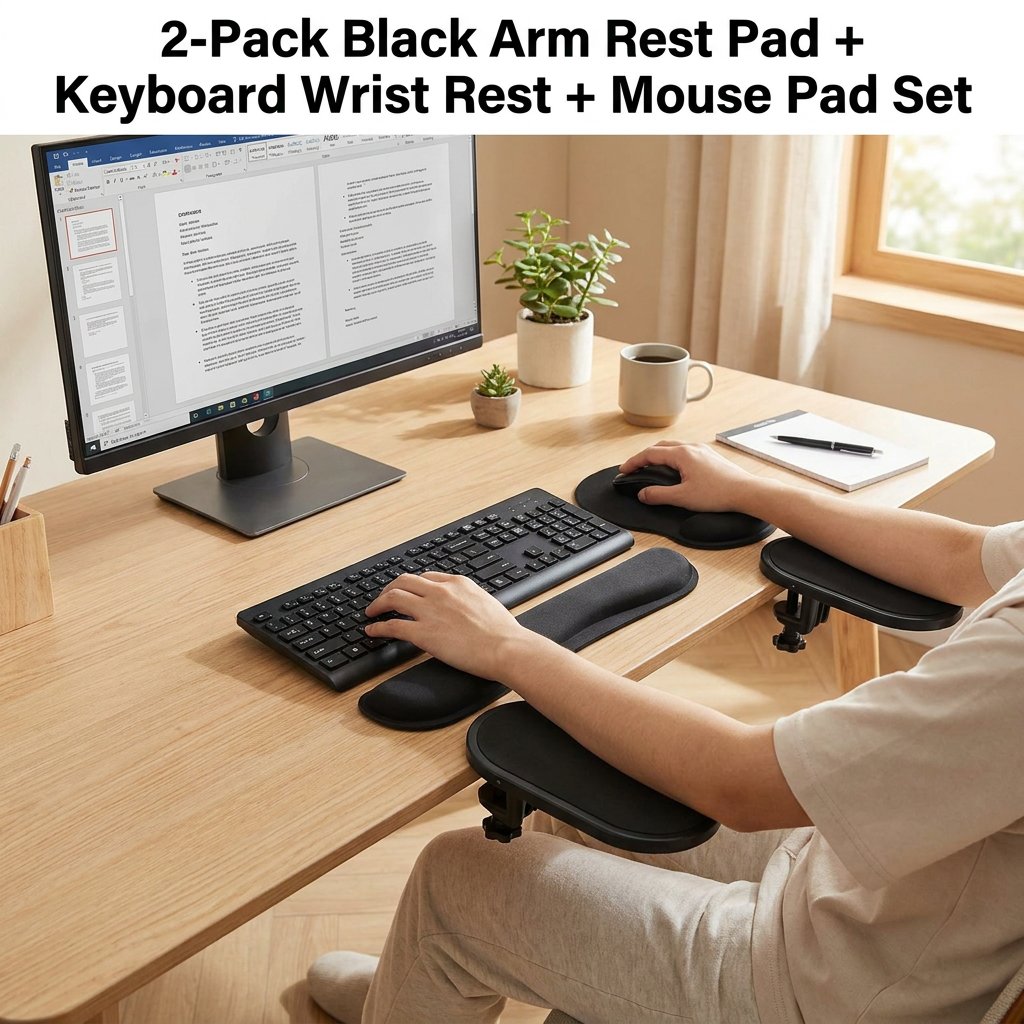 4-Piece Black Ergonomic Desk Arm Rest & Wrist Support Set with 2 Pack Clamp-On 180° Rotating Arm Rests + Memory Foam Keyboard Wrist Rest + Mouse Wrist Pad - Anti-Slip, Easy Clean and Pressure Relief for Home Office & Gaming Use