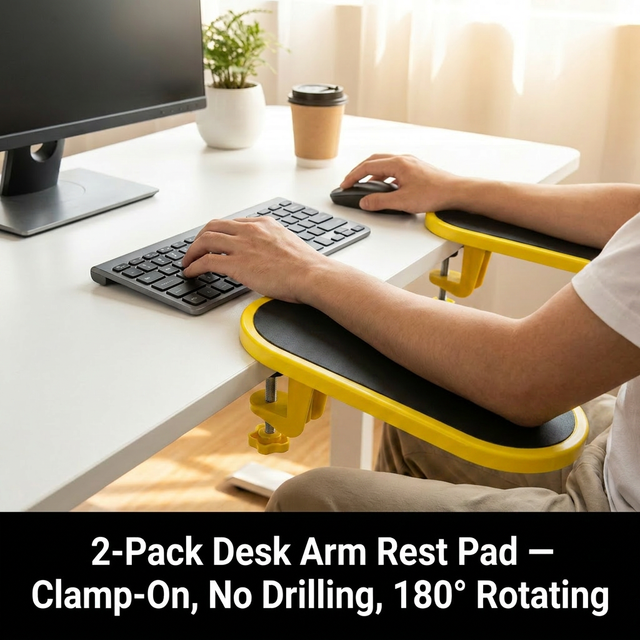 2 Pack Black Yellow 180° Rotating Ergonomic Arm Rest for Desk – Clamp On Computer Wrist & Elbow Support, No-Drill Installation (27×14cm)