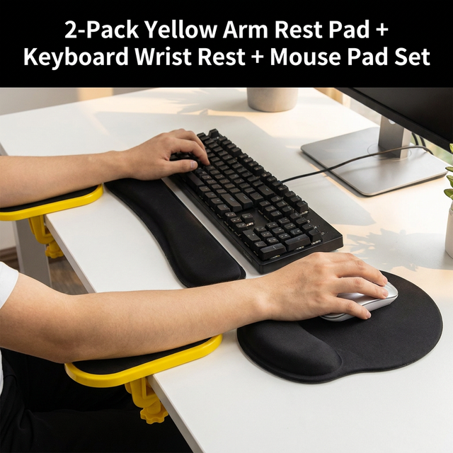 4-Piece Black Yellow Ergonomic Desk Arm Rest & Wrist Support Set with 2 Pack Clamp-On 180° Rotating Arm Rests + Memory Foam Keyboard Wrist Rest + Mouse Wrist Pad - Anti-Slip, Easy Clean and Pressure Relief for Home Office & Gaming Use