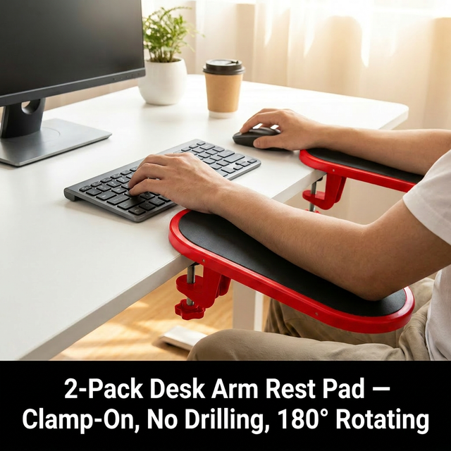 2 Pack Black Red 180° Rotating Ergonomic Arm Rest for Desk – Clamp On Computer Wrist & Elbow Support, No-Drill Installation (27×14cm)