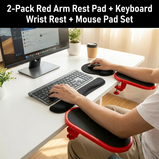 4-Piece Black Red Ergonomic Desk Arm Rest & Wrist Support Set with 2 Pack Clamp-On 180° Rotating Arm Rests + Memory Foam Keyboard Wrist Rest + Mouse Wrist Pad - Anti-Slip, Easy Clean and Pressure Relief for Home Office & Gaming Use