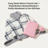 Warm Cozy Study and Office Corner Set with Wearable Dual Layer Fleece Shawl Blanket and Fluffy Plush A5 Lock Diary & Pen Gift Box - Plaid Thermal Nap Wrap and Pink Cute Stationery Kit for Workers and Students