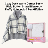 Warm Cozy Study and Office Corner Set with Wearable Dual Layer Fleece Shawl Blanket and Fluffy Plush A5 Lock Diary & Pen Gift Box - Plaid Thermal Nap Wrap and White Cute Stationery Kit for Workers and Students