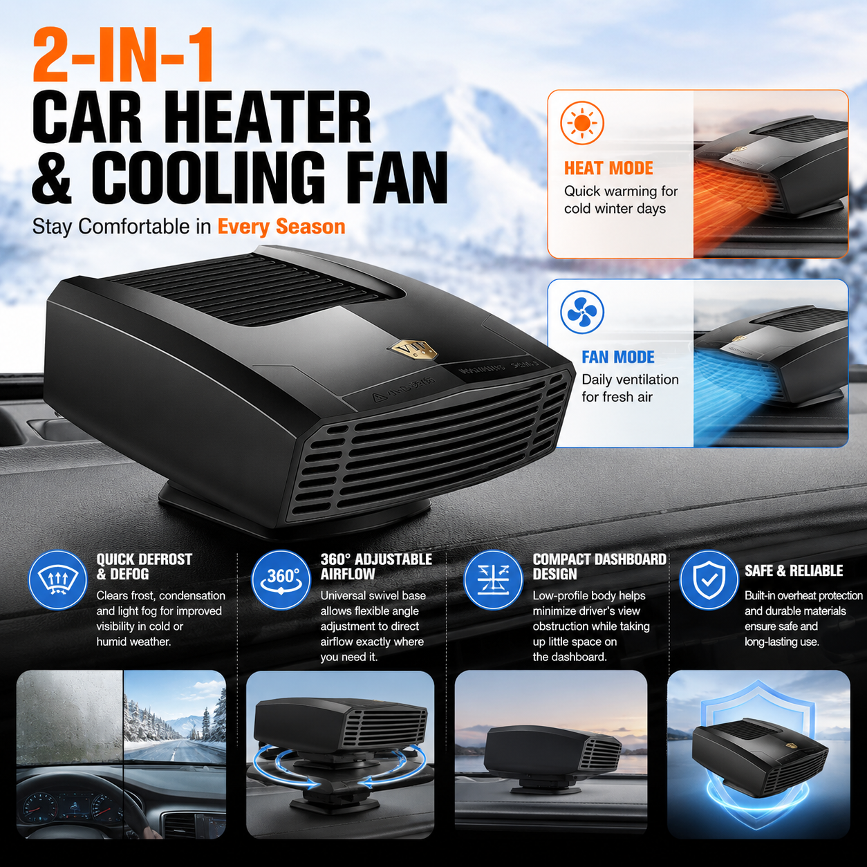 Black Portable Car Heater Fan with 360° Adjustable Base, Fast Defrost & Demister, Dual Mode Heat & Cooling Fan, Quiet Constant Tempe Dashboard Heater for Cars Winter Driving (12V / 150W)