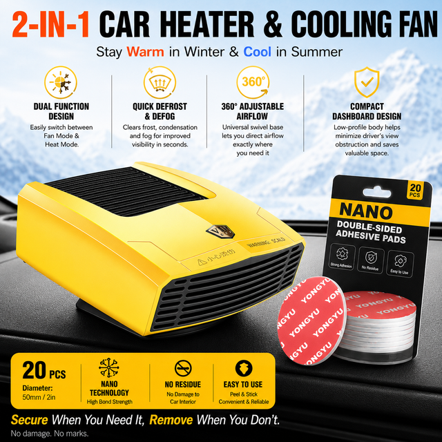 Yellow Compact 360° Adjustable Car Heater Fan with 20PCS Removable Nano Double Sided Adhesive Pads - Fast Defrost & Demister, Dual Mode Heat & Cooling Fan, Free No Trace Mounting Kit for Car Interior and Home Use