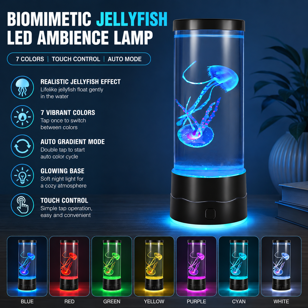 USB-C Powered Bionic Jellyfish LED Night Light with Dual Mode Touch Control and Black Glowing Base, 7 Color Gradient Ambient Table Lamp for Bedroom Living Room Office & Gifts