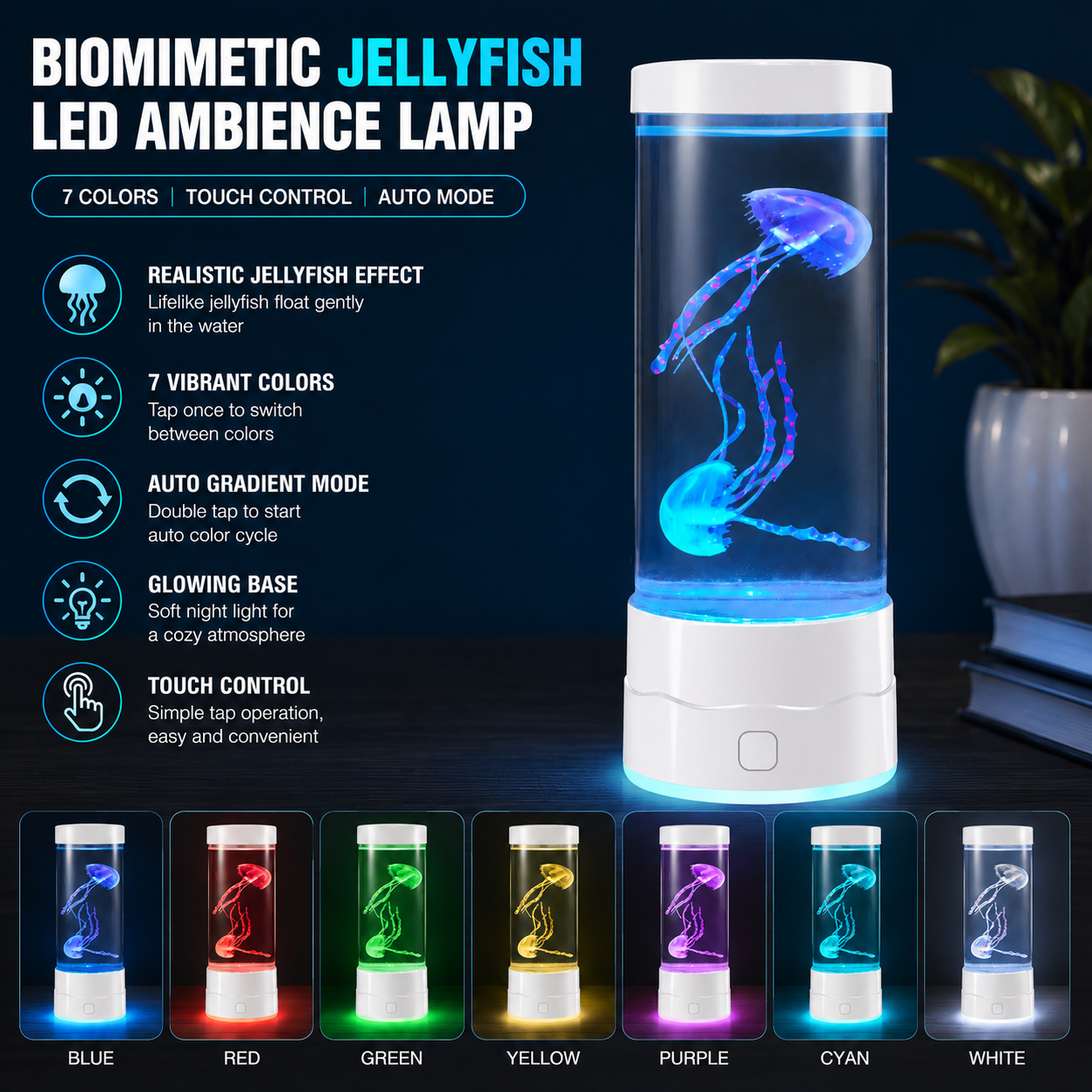 USB-C Powered Bionic Jellyfish LED Night Light with Dual Mode Touch Control and White Glowing Base, 7 Color Gradient Ambient Table Lamp for Bedroom Living Room Office & Gifts