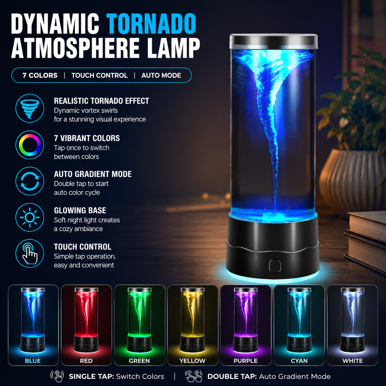 Black Dynamic Tornado Touch Control Mood Night Light with Single Color / 7 Color Gradient Dual Mode and Glowing Base, USB Powered Creative Home Decor Table Lamp for Bedroom Living Room & Gift