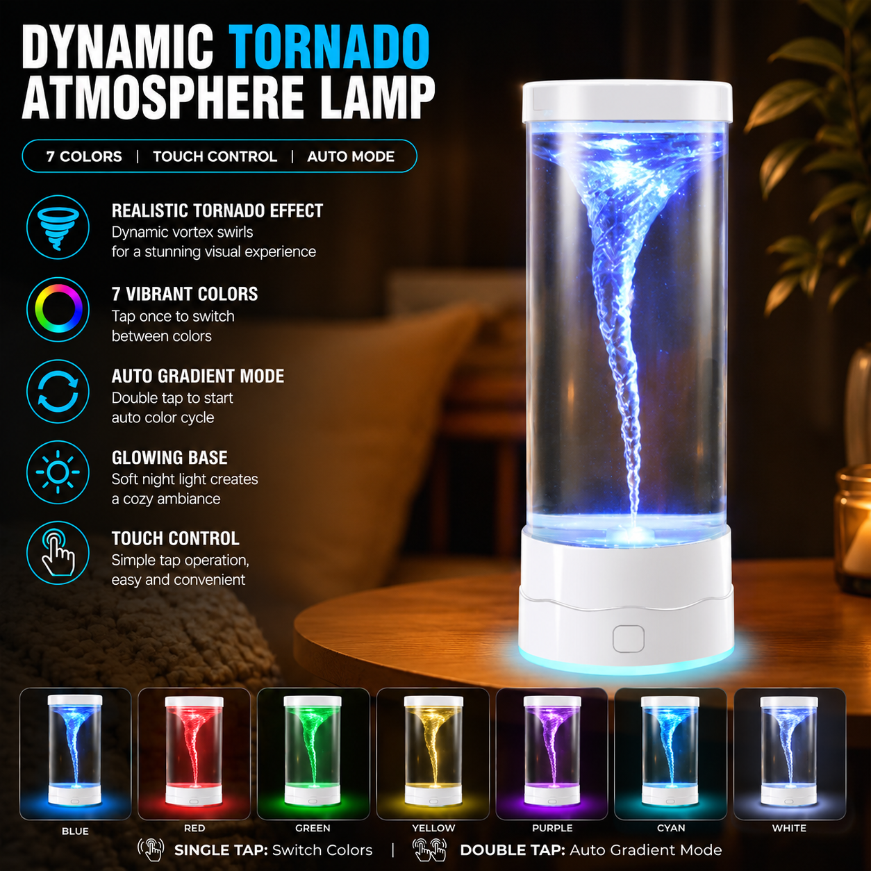 White Dynamic Tornado Touch Control Mood Night Light with Single Color / 7 Color Gradient Dual Mode and Glowing Base, USB Powered Creative Home Decor Table Lamp for Bedroom Living Room & Gift