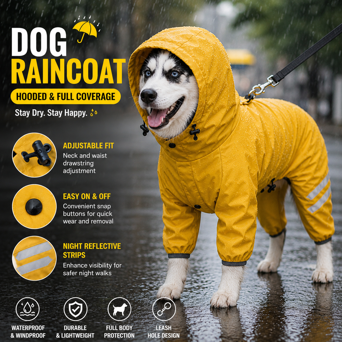 Yellow Waterproof Full Body Dog Raincoat with Adjustable Hood & Waist, Easy Snap Closure and Hidden Leash Opening - Lightweight Four-Leg Reflective Pet Rain Suit for Small Medium Large Dogs, M Size